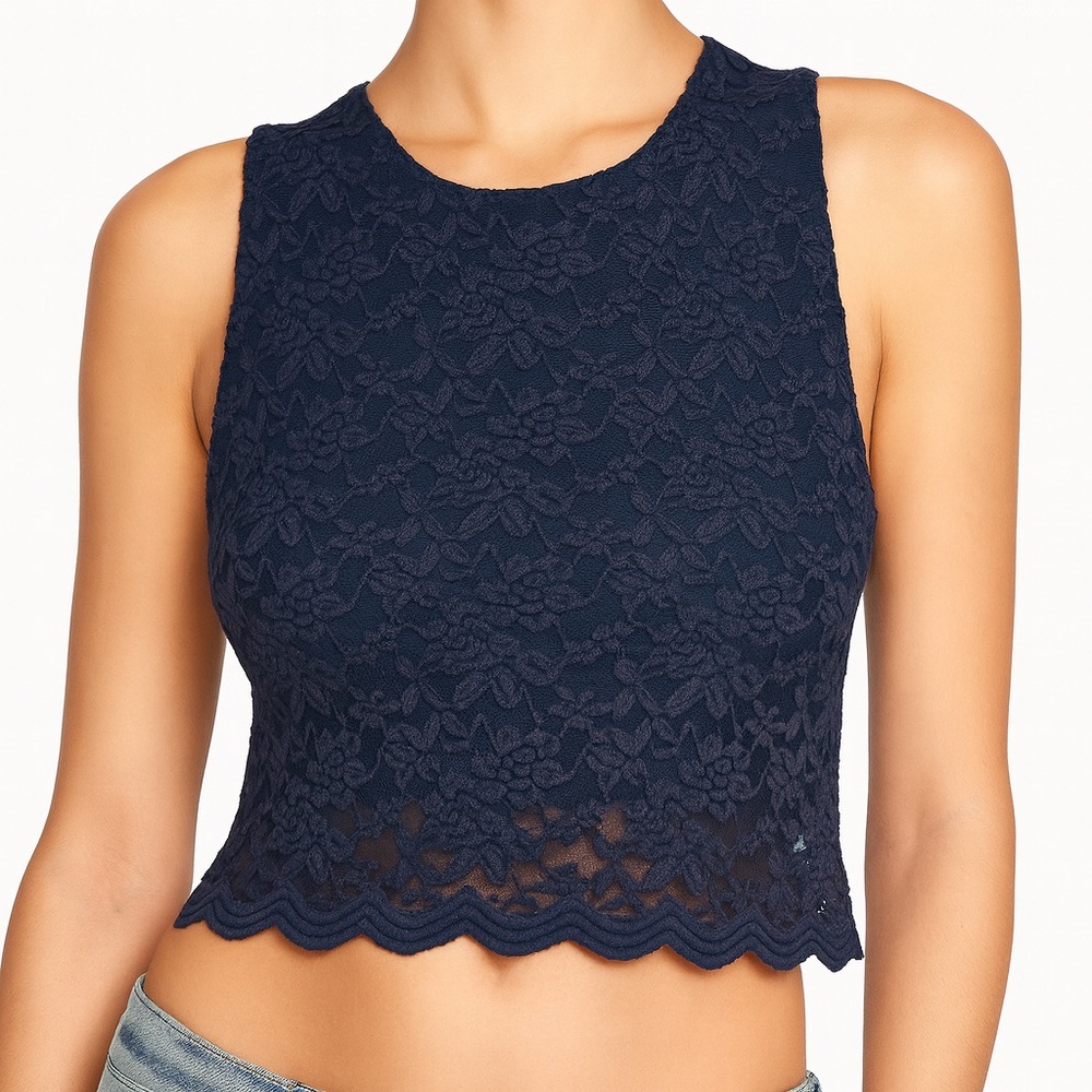 Intimately Free People Lace Crop Tank Top S Navy Floral Scalloped Keyhole Back - Picture 3 of 7